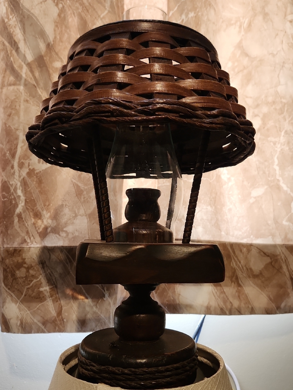 Vintage Woven Rattan Table Candle Lamp in Dark Brown 15 Inches